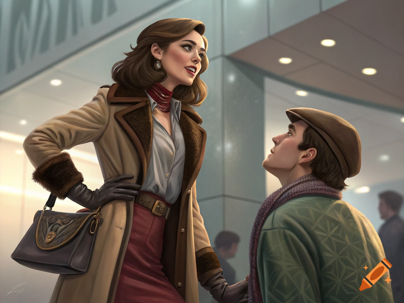 A well-dressed woman in a coat and gloves looks down at a man in a flat cap looking up at her in a modern indoor setting.
