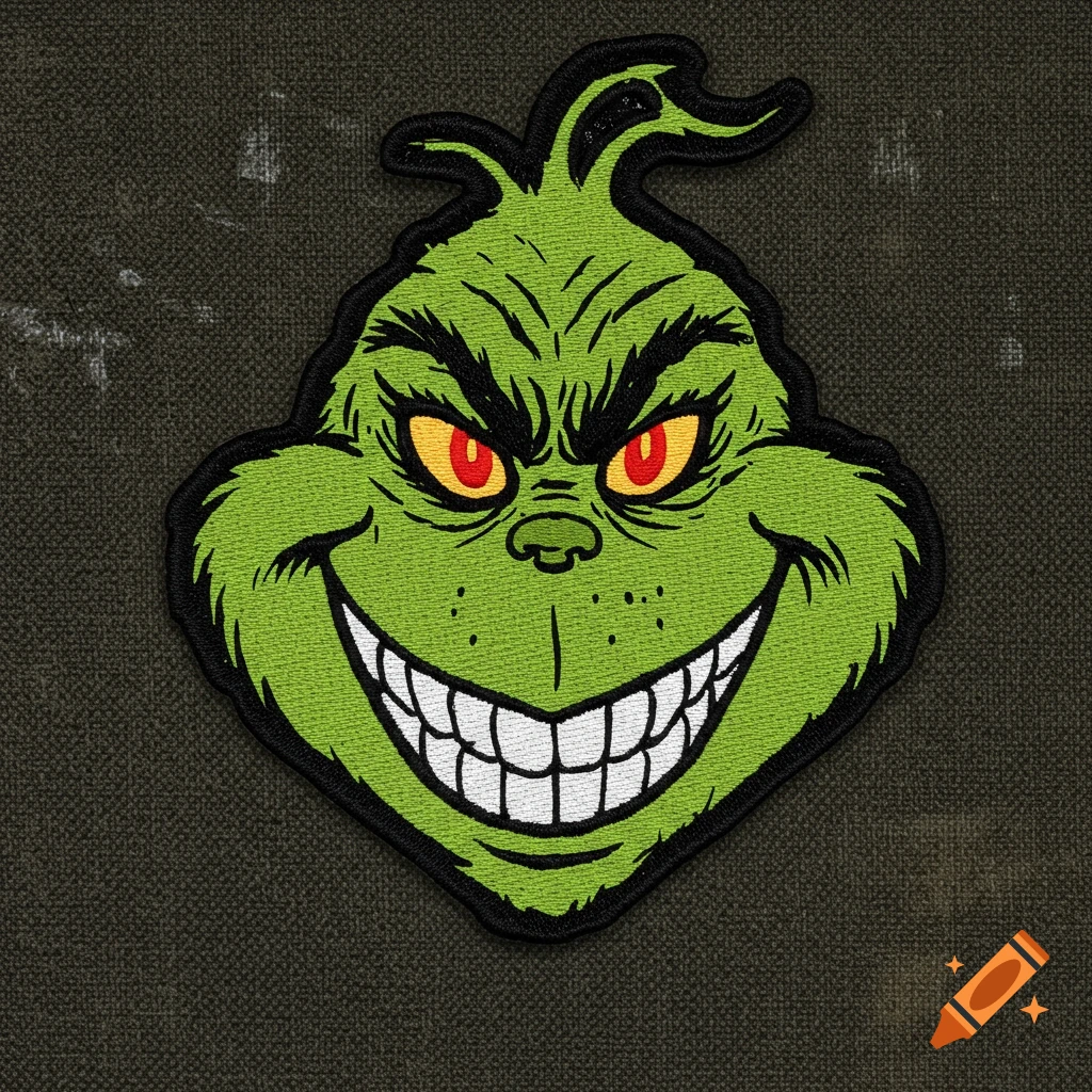An embroidered patch of the Grinch's green face with a wide grin and red eyes on a dark green fabric background.