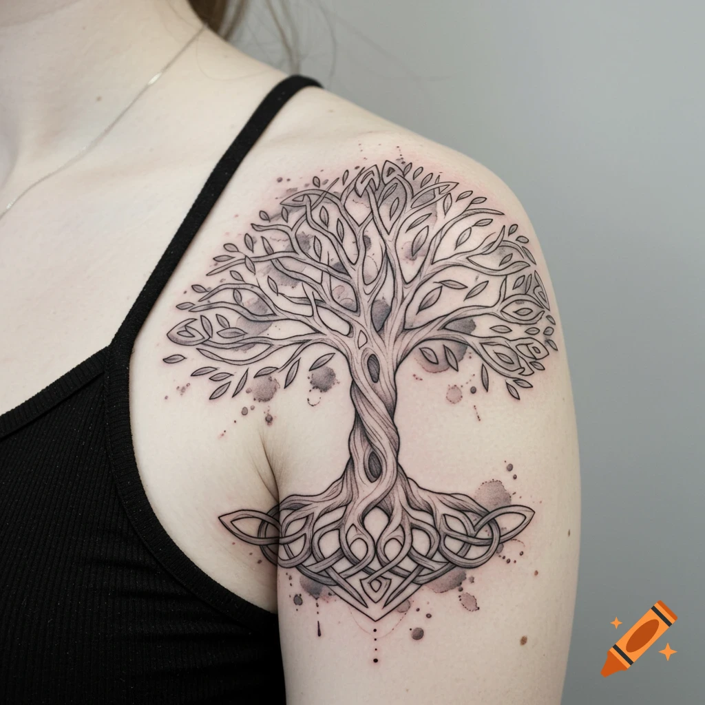 A detailed black and grey Celtic tree of life tattoo with watercolor splatters on a person's shoulder.