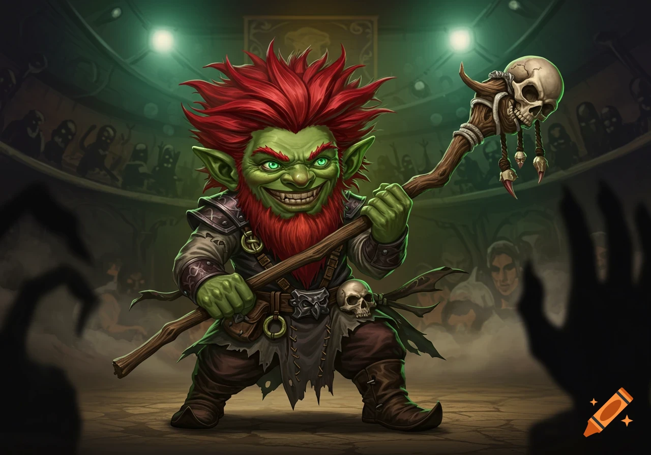A stylized green-skinned goblin-like creature with red spiky hair and beard grins, holding a skull staff in an arena.