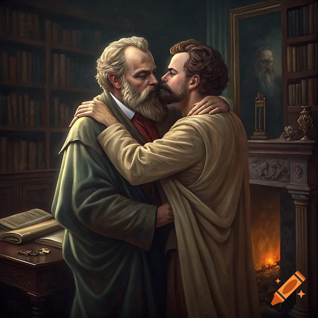 Two bearded men embrace intimately in a classical painting within a dimly lit library.