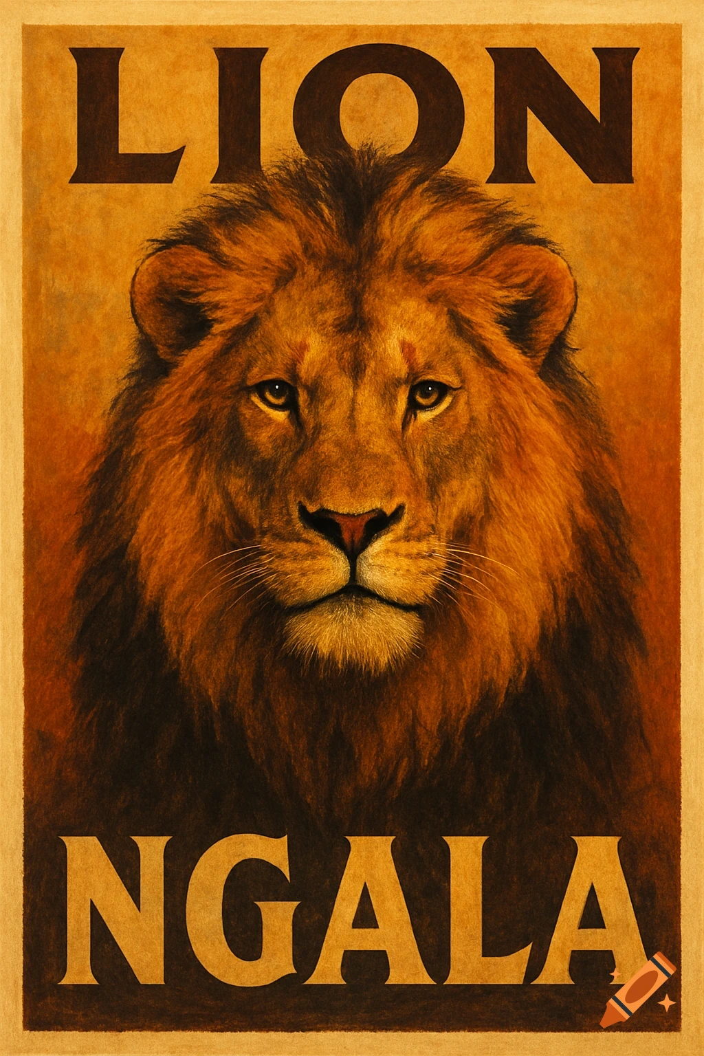 Vintage poster featuring a detailed head-on view of a lion's face, with the word "LION" at the top and "NGALA" at the bottom.