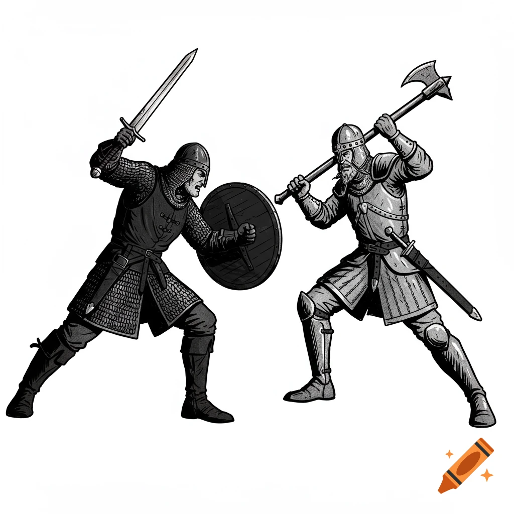 Two medieval-style warriors in black and white illustration, one with a sword and shield, the other with an axe, engaged in combat.