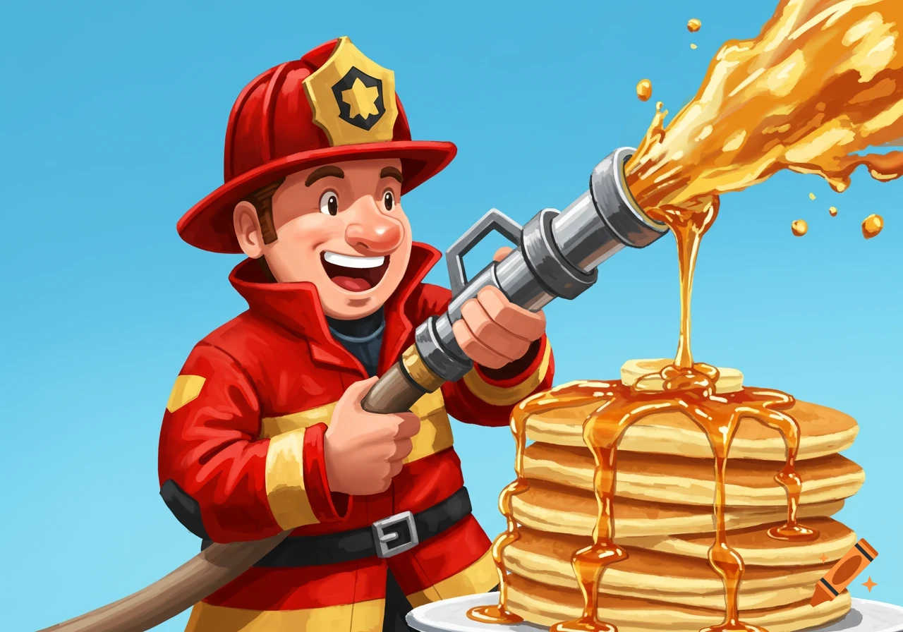 Cartoon firefighter sprays maple syrup from a hose onto a tall stack of pancakes.