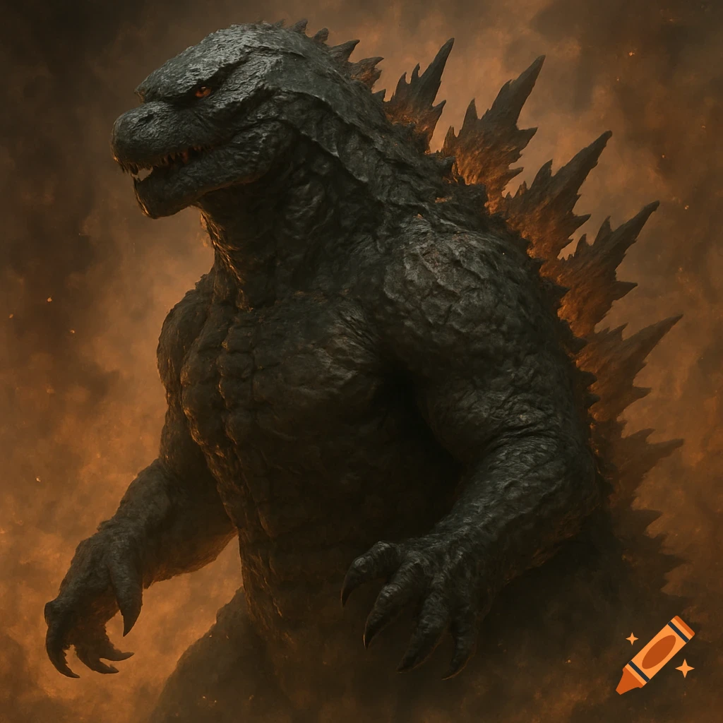 Close-up photorealistic image of Godzilla with glowing dorsal fins and a fiery, smoky background.