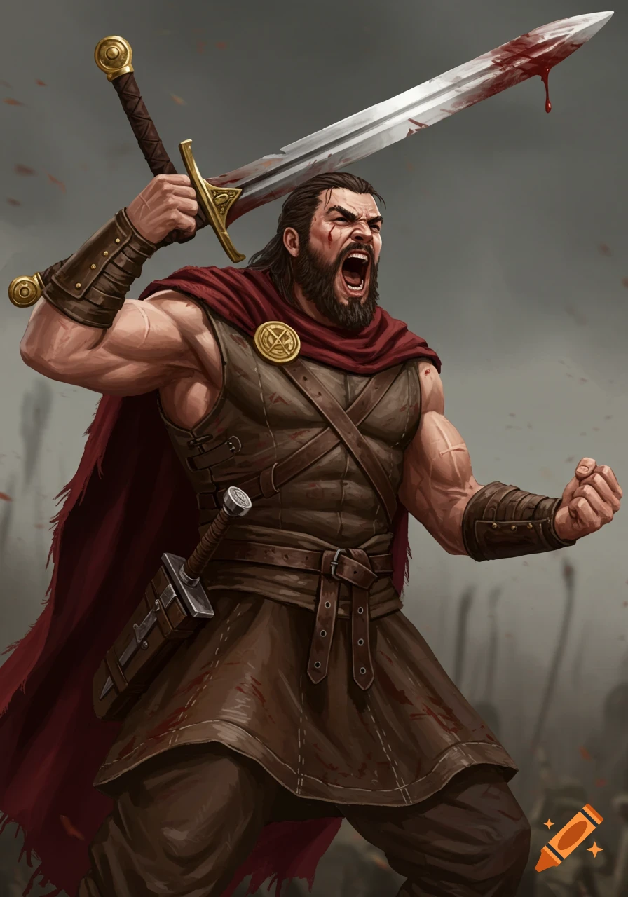 A muscular, bearded warrior with a blood-stained sword raised in triumph, wearing leather armor and a red cape amidst a battle.