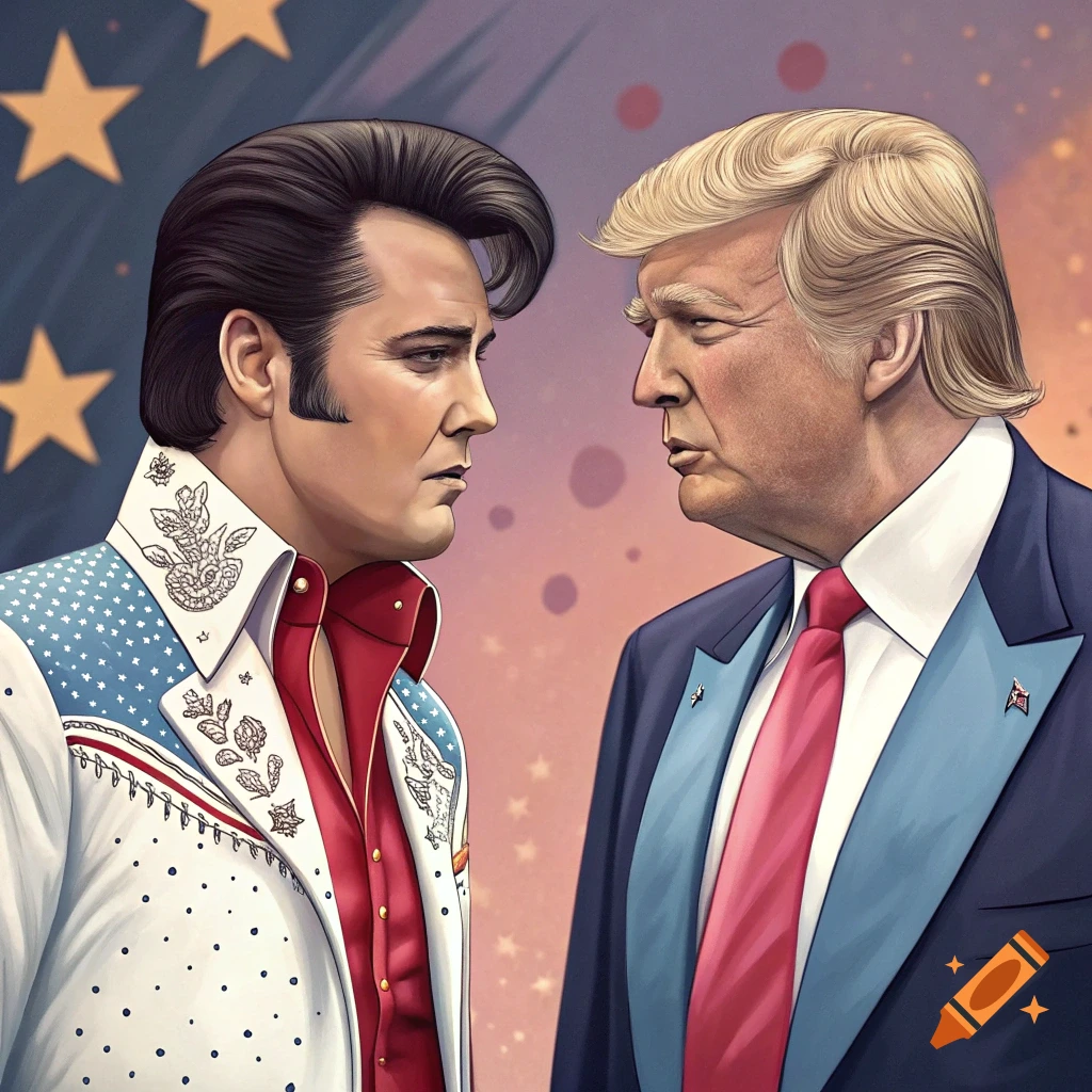 Illustration of Elvis Presley and Donald Trump facing each other, with an American flag-themed background.