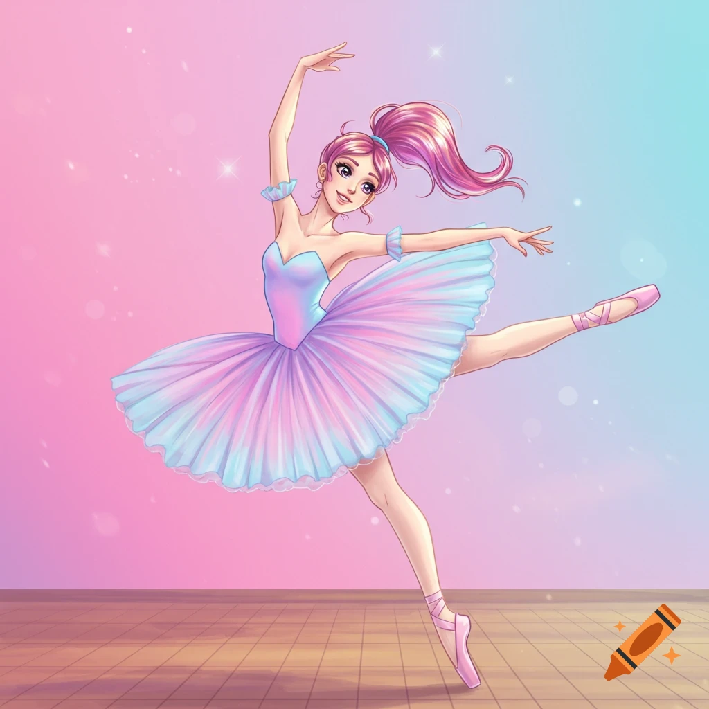 A pink-haired ballerina in a pastel blue and pink tutu gracefully dances against a gradient pink and blue background in an anime style.