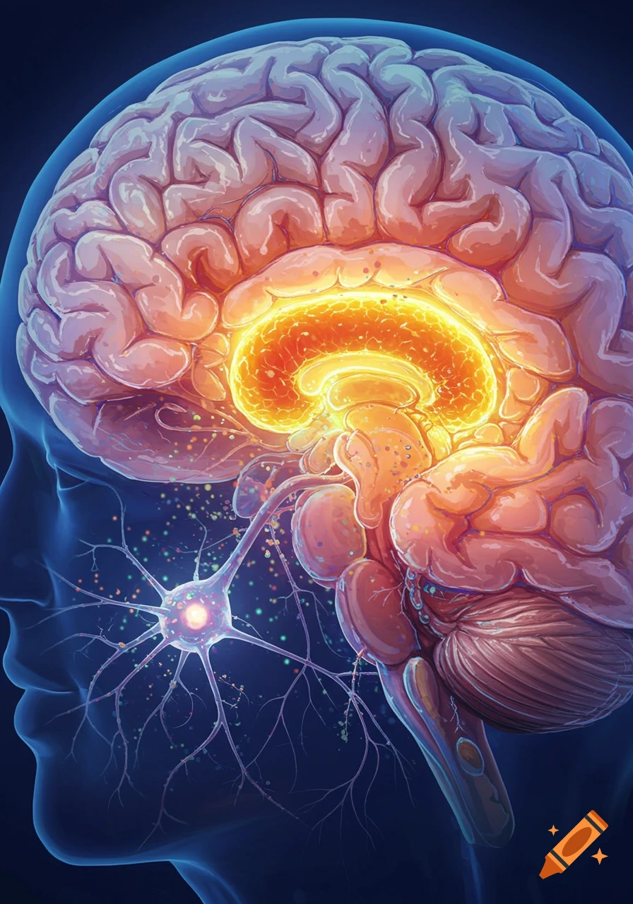 A stylized, glowing illustration of a human brain with an illuminated hippocampus and a detailed neuron.