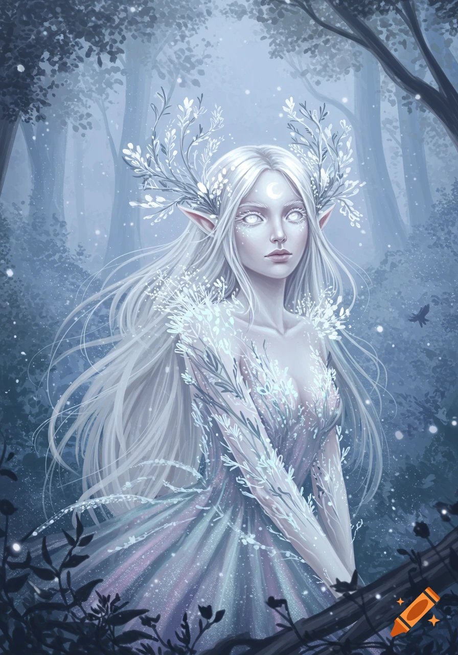 Ethereal white-haired nymph with glowing eyes and icy branches in a mystical blue forest.