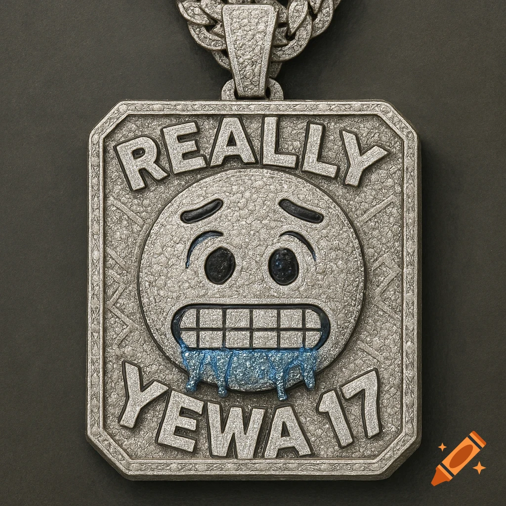A diamond-encrusted silver pendant featuring a stylized cold face emoji and the text 'REALLY YEWA 17' on a chain.