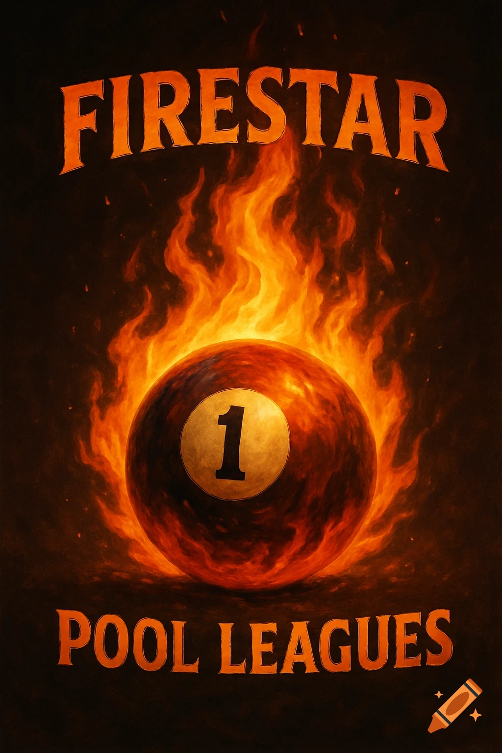 A flaming 1 ball for pool leagues with the words 'FIRESTAR' and 'POOL LEAGUES' in orange text above and below it.