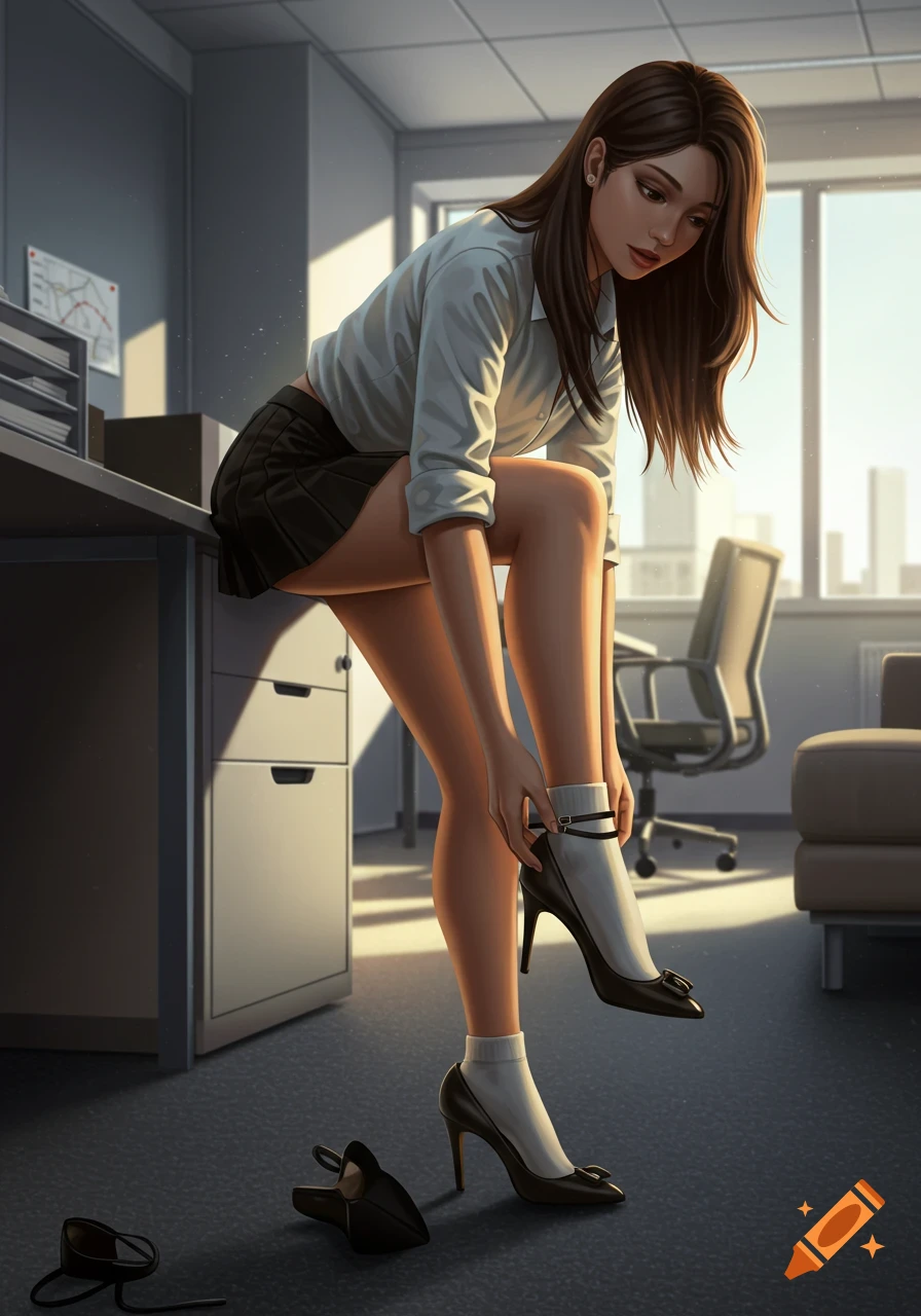 A woman in a white shirt and black skirt sits on an office desk, adjusting her black high heels over white socks. Digital art.