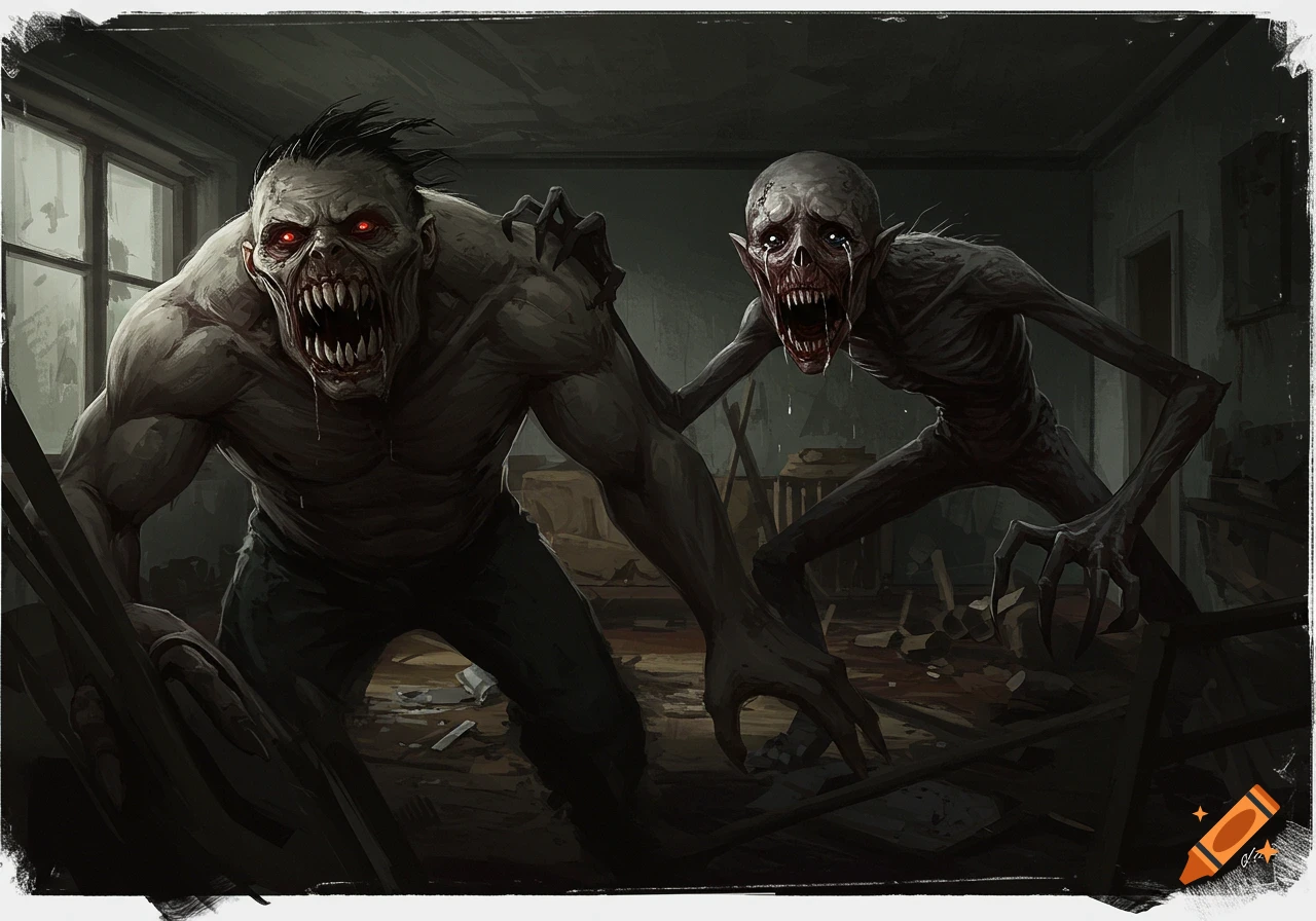 Two horrifying, pale monsters with sharp teeth and red eyes, one appearing to cry, in a dark, ruined room.