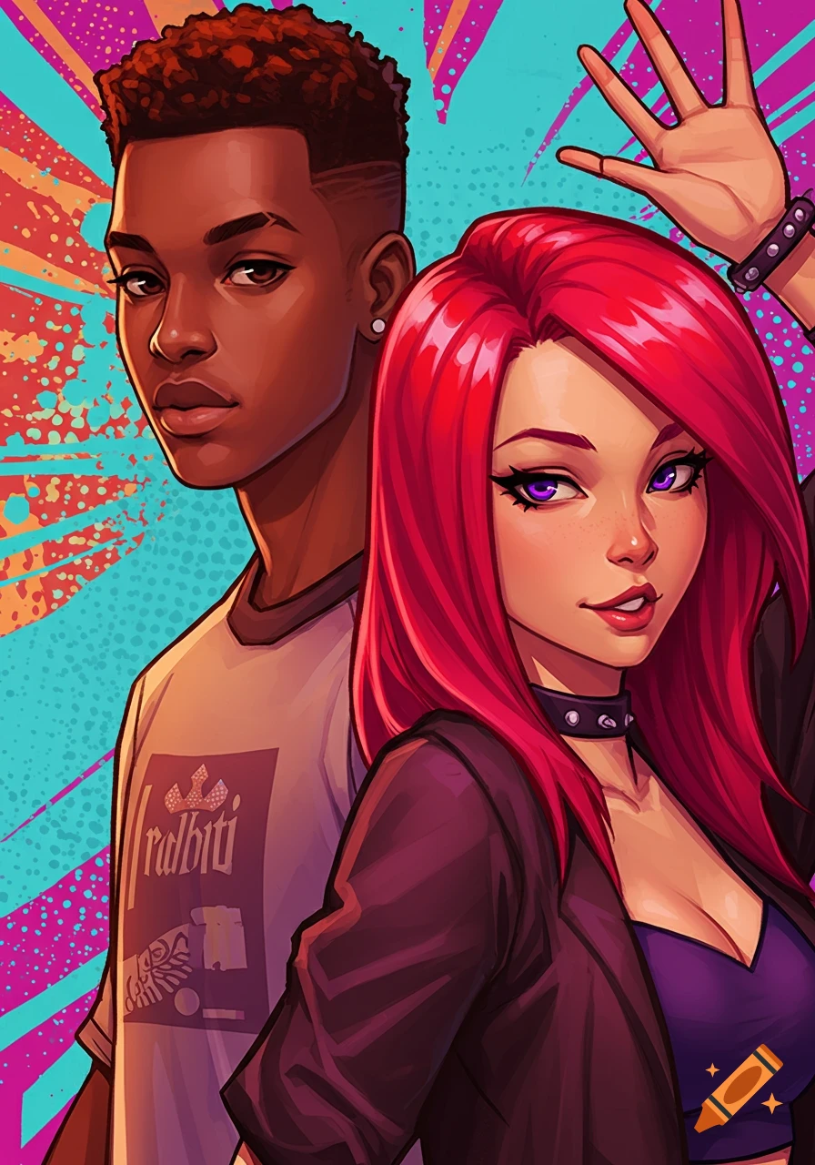 Stylized illustration of a young Black man with a fade haircut and a red-haired woman with purple eyes, set against a vibrant, abstract background.