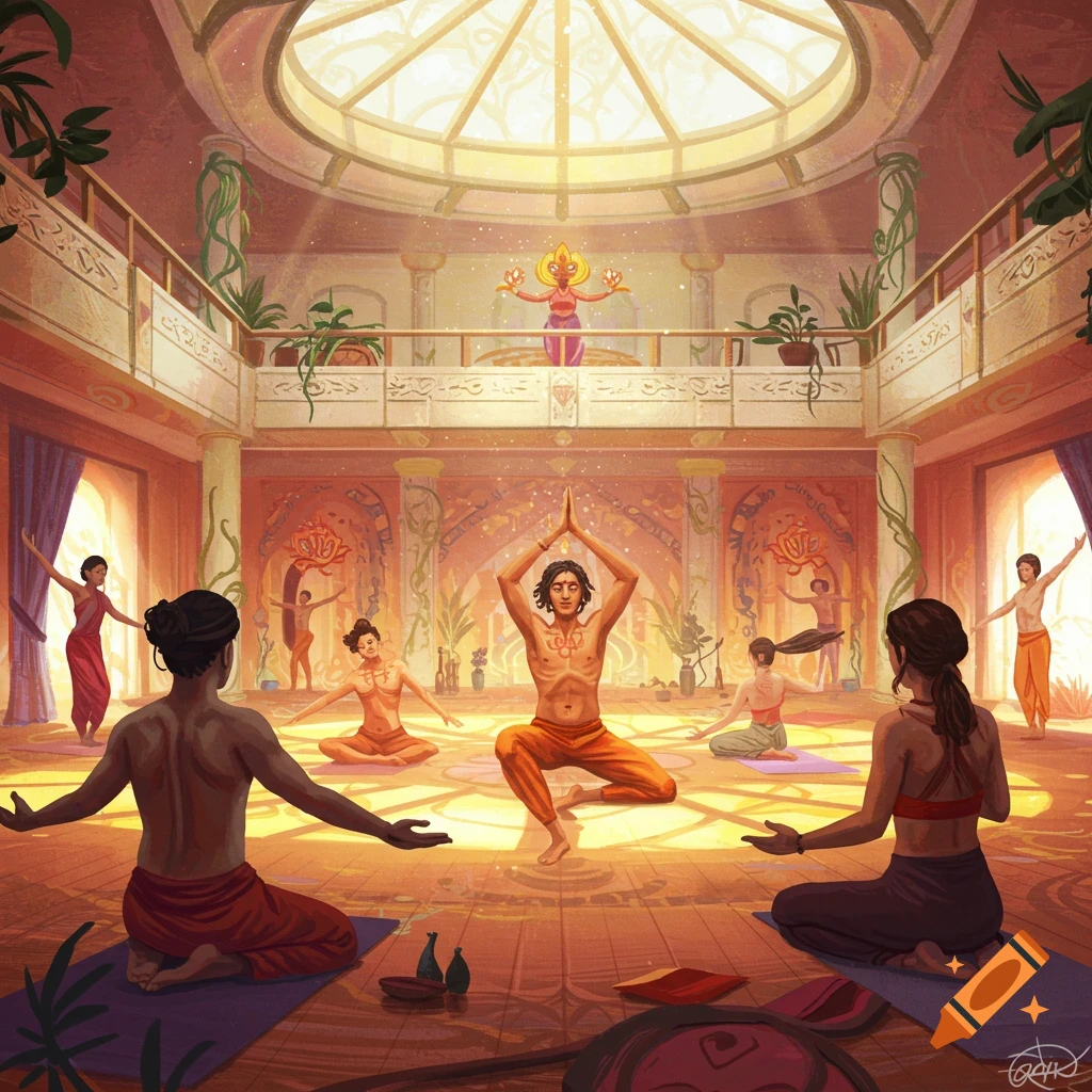 An illustration of people practicing yoga and meditation in a large, ornate hall with a domed skylight and decorative pillars, bathed in golden light.
