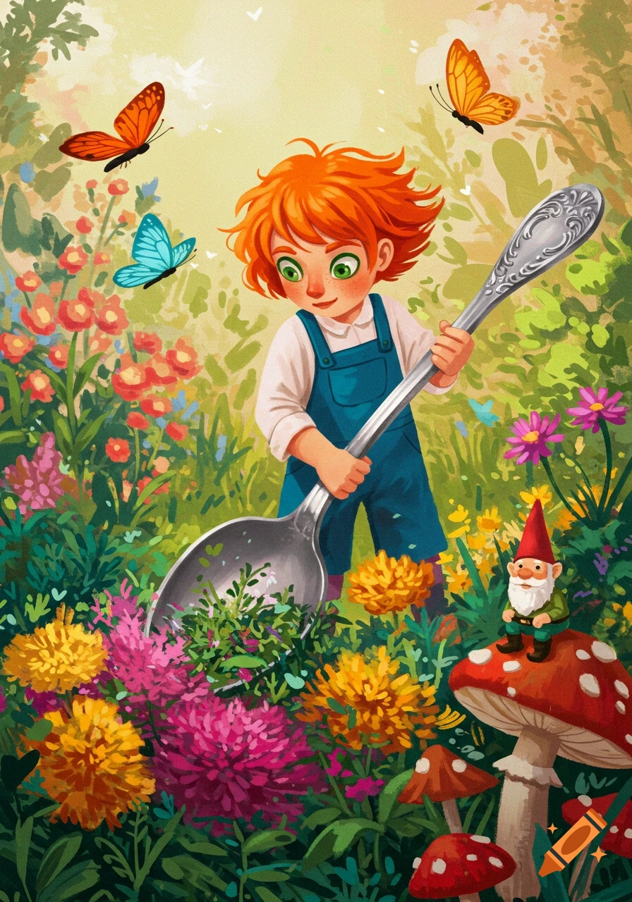 A whimsical, red-haired child in overalls holds an oversized spoon in a vibrant, colorful garden with butterflies and a gnome.