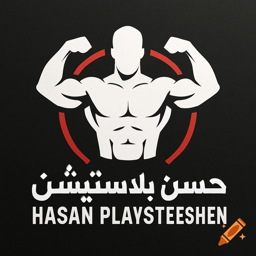 A white and red logo on a black background depicting a muscular man flexing, with Arabic and English text 'HASAN PLAYSTEESHEN'.