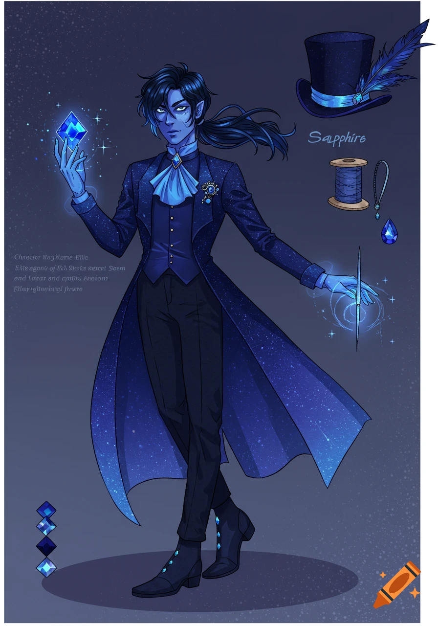 An illustration of a blue-skinned man in a dark blue, starry coat and suit, holding a glowing sapphire gem. He has dark hair tied in a ponytail and pointed ears. A top hat, spool of thread, and pendant are beside him, and a color palette is at the bottom.