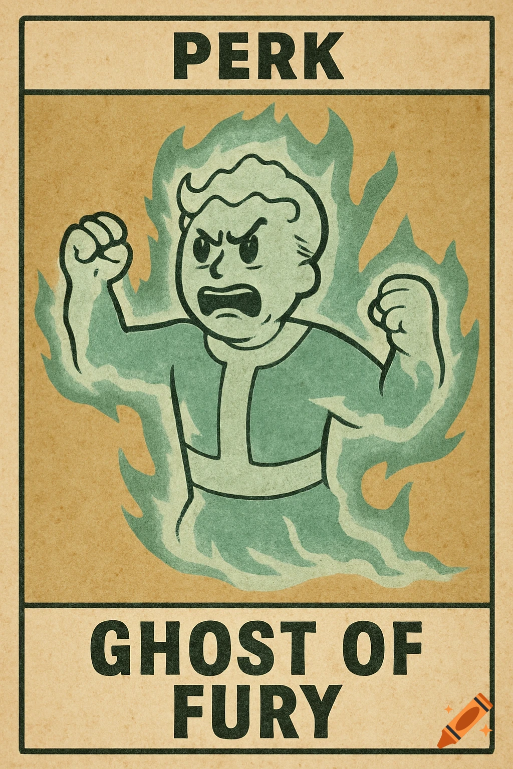 Retro poster of Fallout's Vault Boy as a green ghost or spirit, with text 'PERK' and 'GHOST OF FURY'.