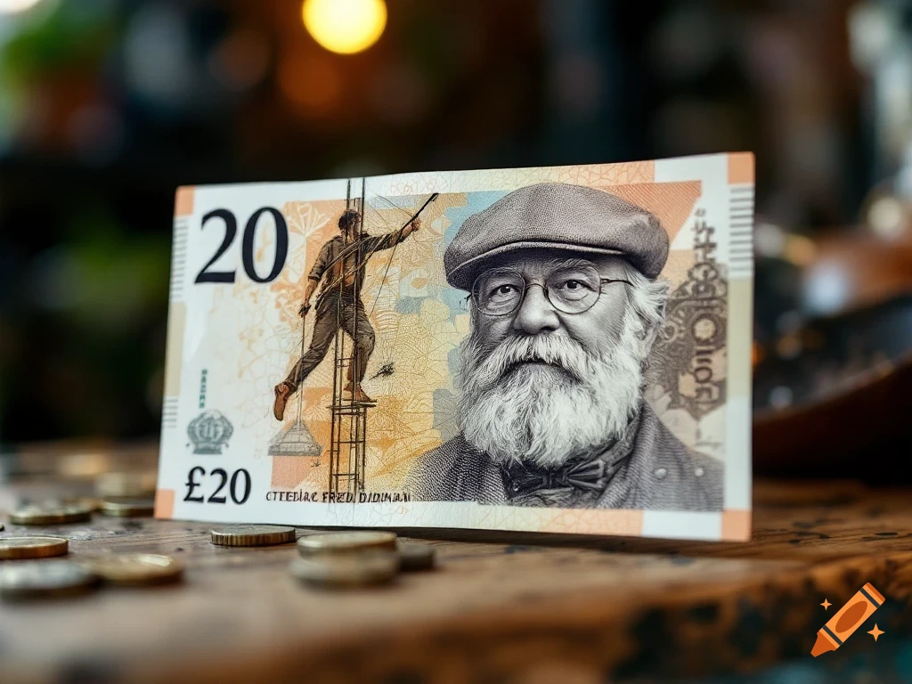 A realistic £20 banknote featuring a detailed portrait of a bearded man in a flat cap, and a figure climbing a structure. Coins are scattered on a wooden surface in the foreground.