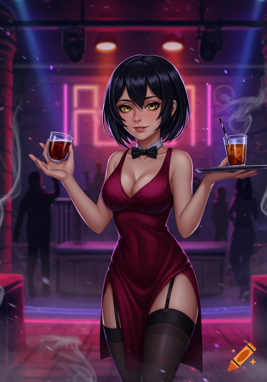 An anime woman with short black hair and golden eyes, wearing a red dress, holds drinks in a neon-lit nightclub.