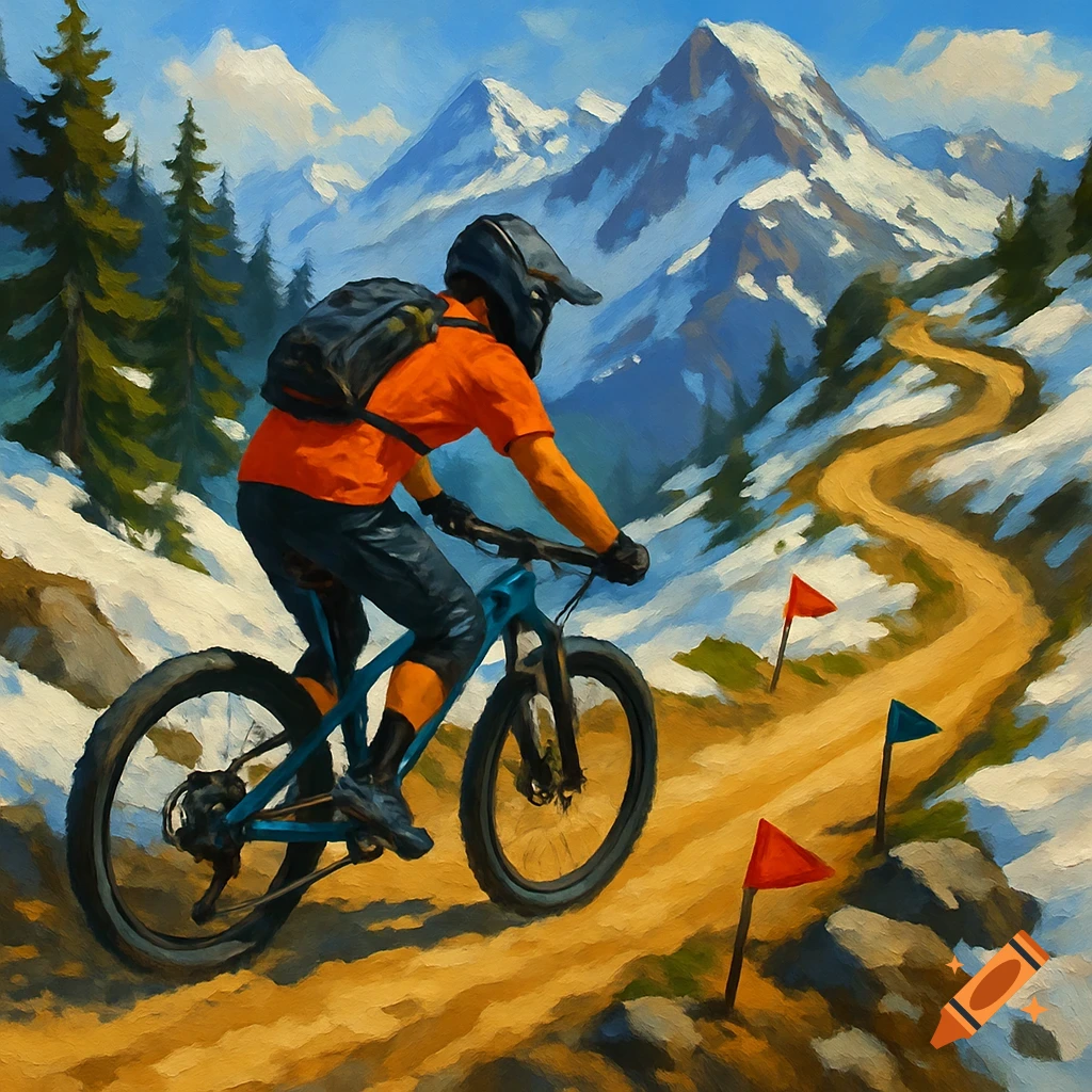 A man mountain biking down a snowy mountain trail with pine trees and flags, rendered in a vibrant painterly style.