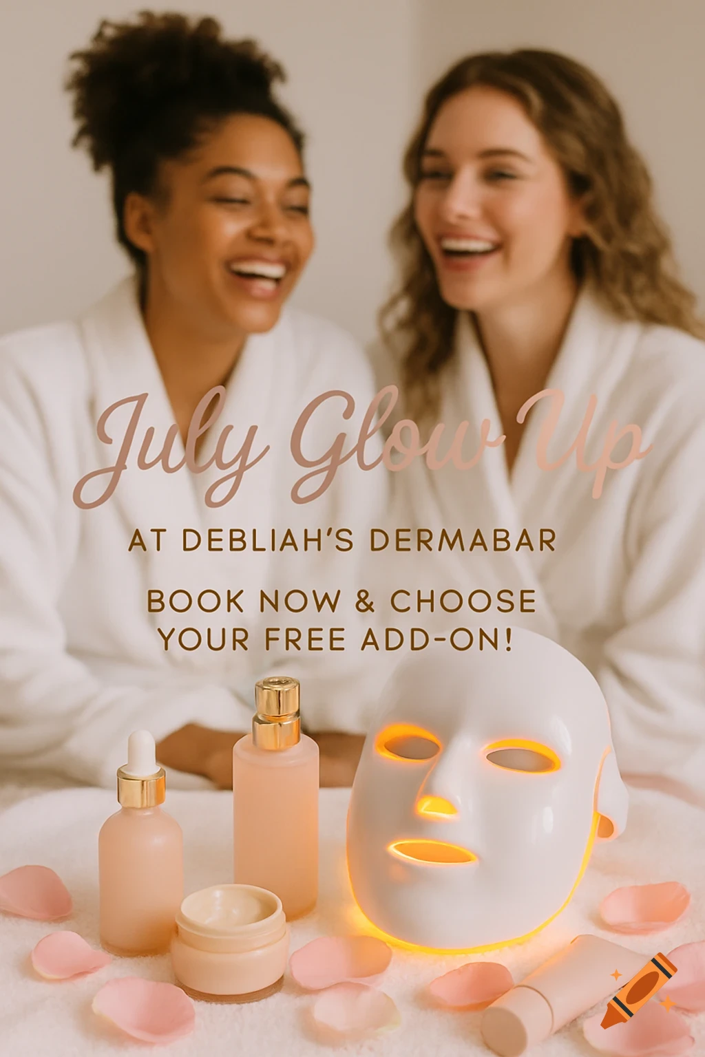 Skincare products and a glowing LED mask on a white towel, with two laughing women in spa robes in the background. Overlay text reads: 'July Glow Up at Deblilah Hernandez', 's DermaBar - Book Now & Choose Your Free Add-On!'