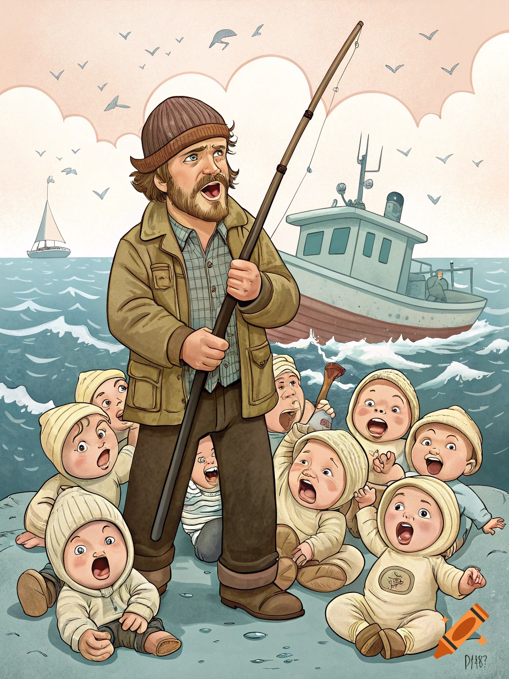 An illustration of a bearded man in a brown jacket holding a fishing rod, looking distressed while surrounded by many crying babies resembling him on a beach, with a fishing boat and sailboat in the ocean.