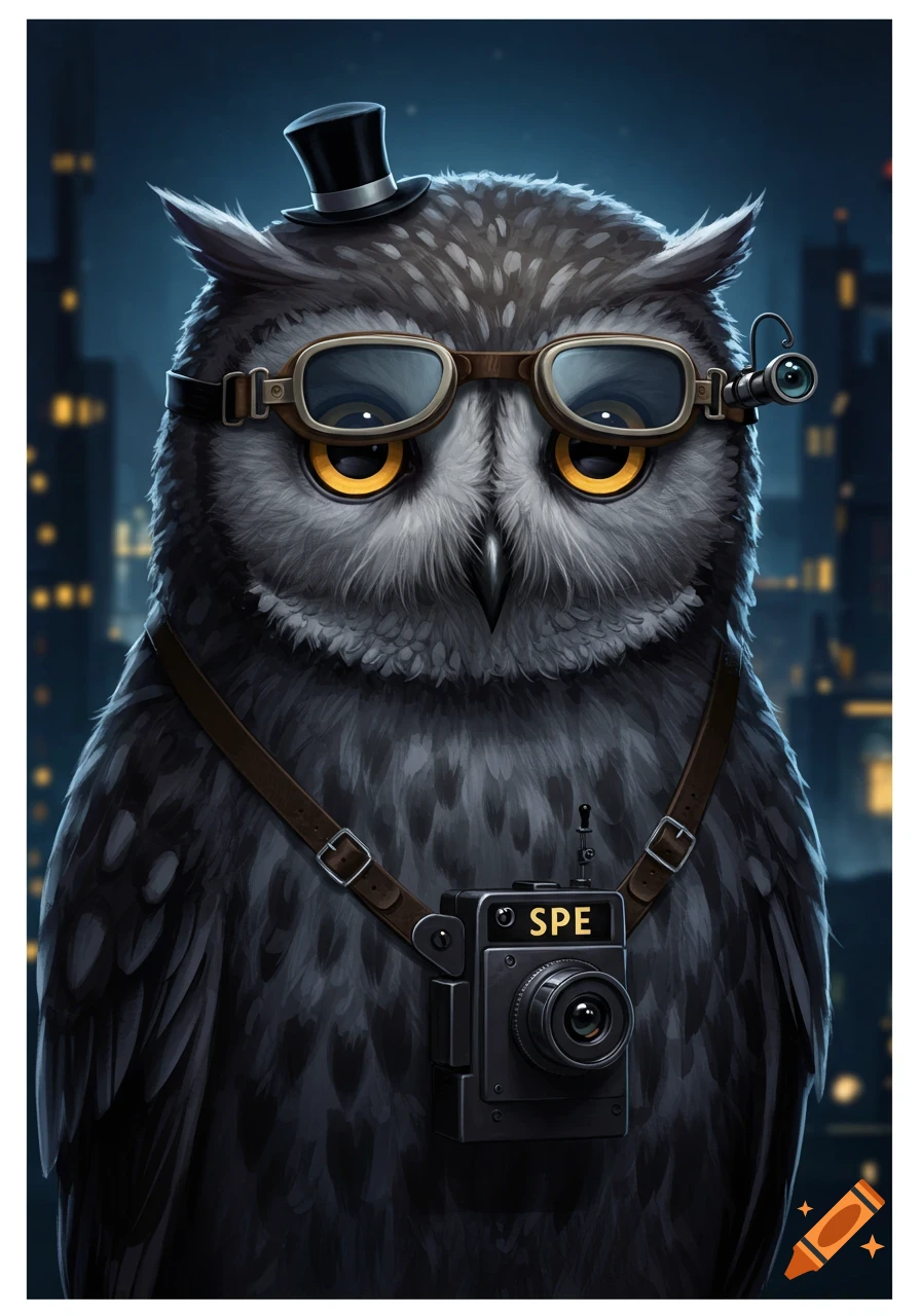 A wise-looking owl wearing a top hat, steampunk goggles, and a camera on a strap against a blurred dark city background.