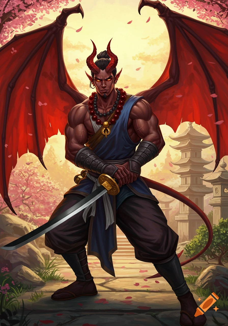 A muscular winged Tiefling Kensai Monk with red horns and wings holds a katana in a Japanese garden with cherry blossoms.