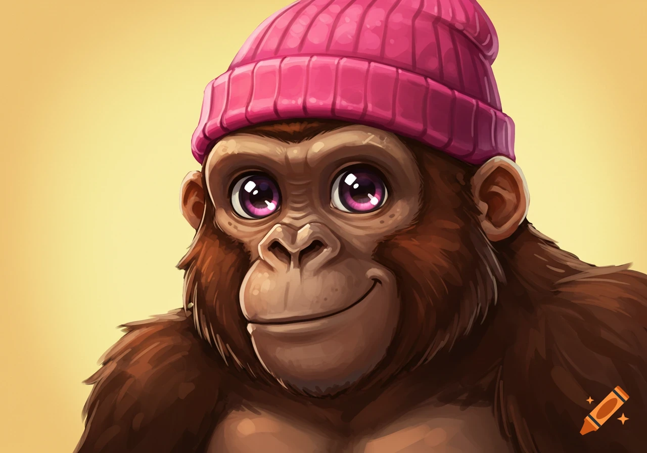 Close-up of a smiling cartoon monkey with bright purple eyes wearing a pink beanie.
