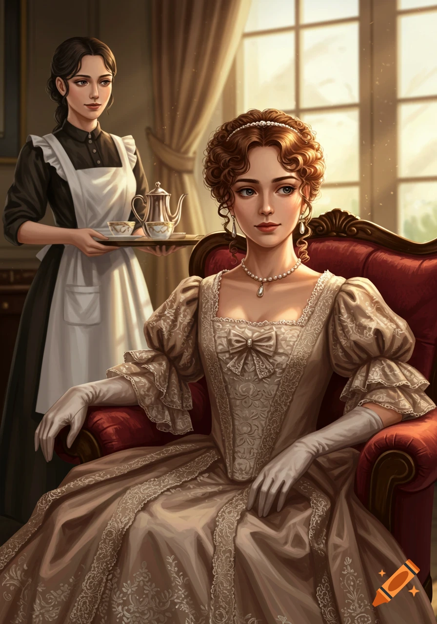Digital art of a woman in an 1800s gown seated in a red armchair, a servant behind her with a tea tray.