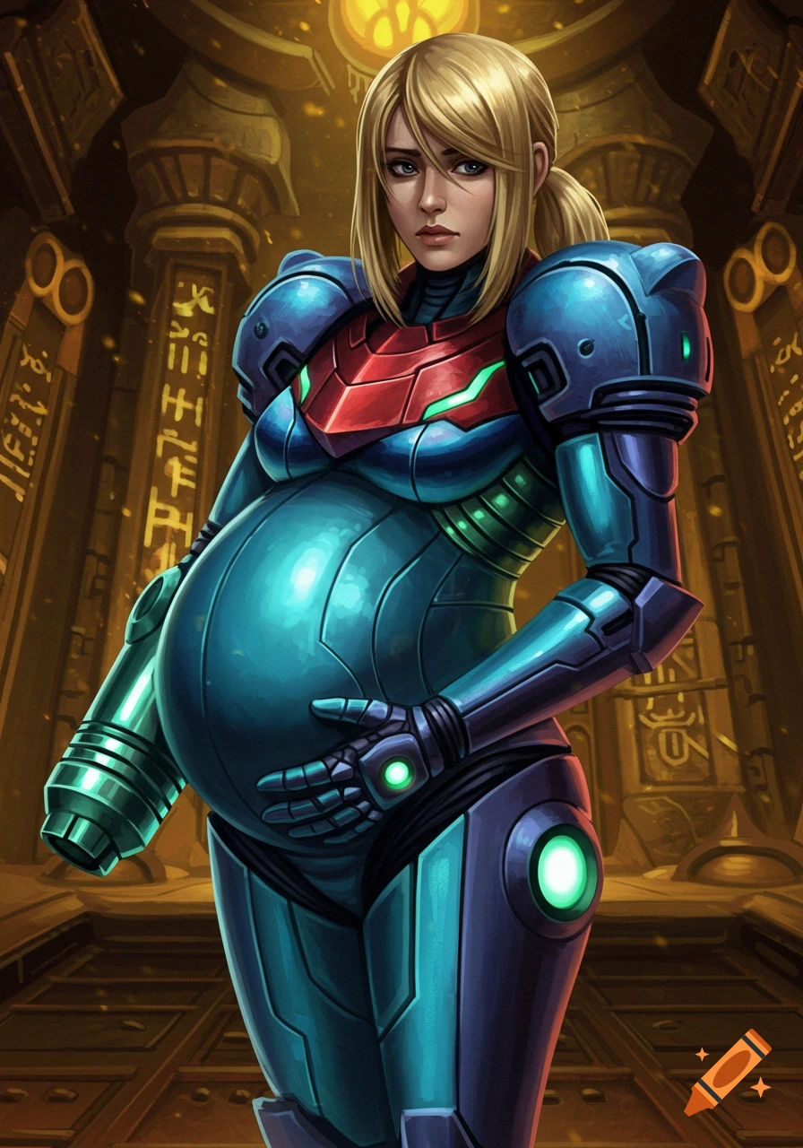 Digital illustration of a pregnant Samus Aran in her blue and red power suit, standing in an ancient, glowing sci-fi temple.