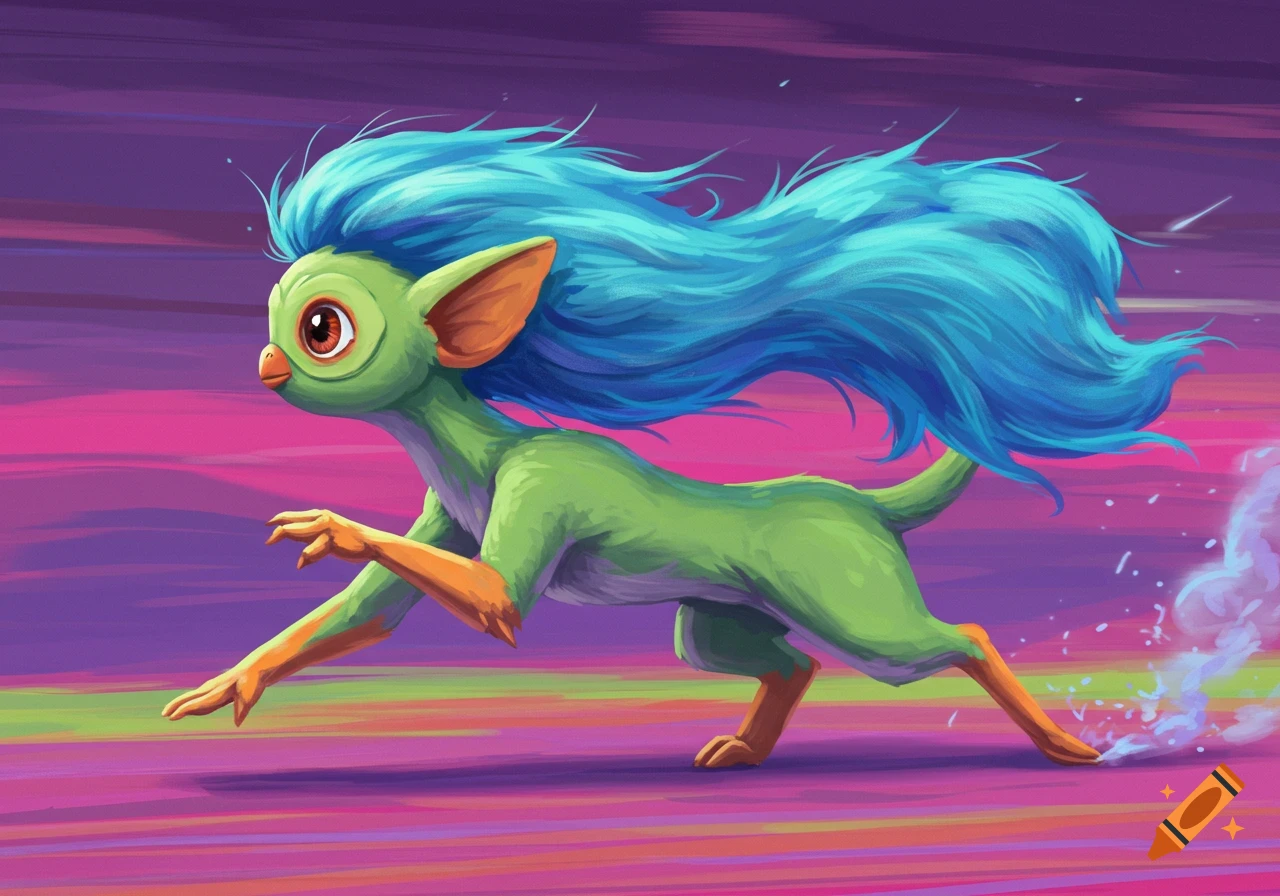 A vibrant green creature with large blue hair and orange limbs sprints across a colorful, streaked landscape.