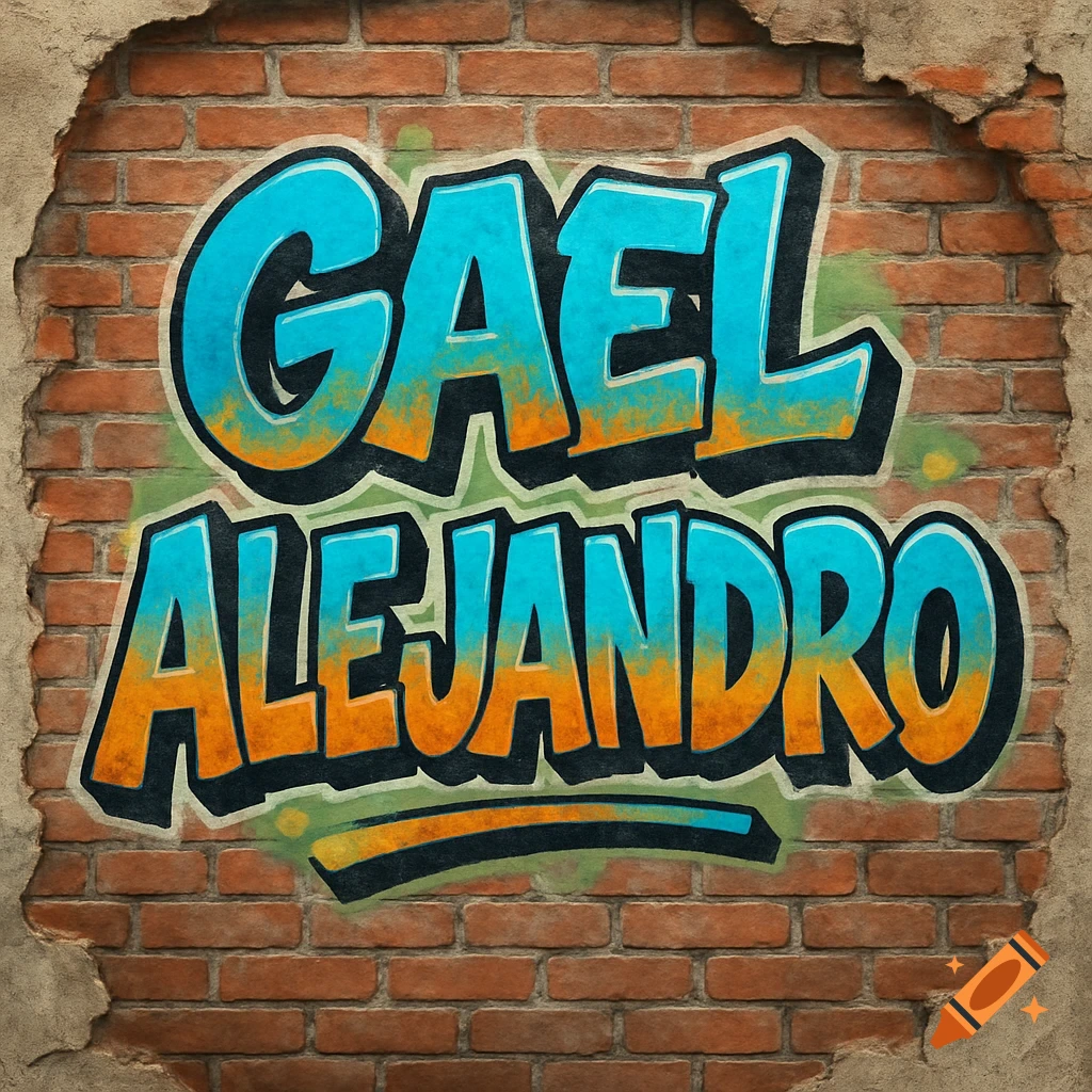 Vibrant graffiti art featuring 'GAEL' above 'ALEJANDRO' on a distressed brick wall with cracked plaster edges.