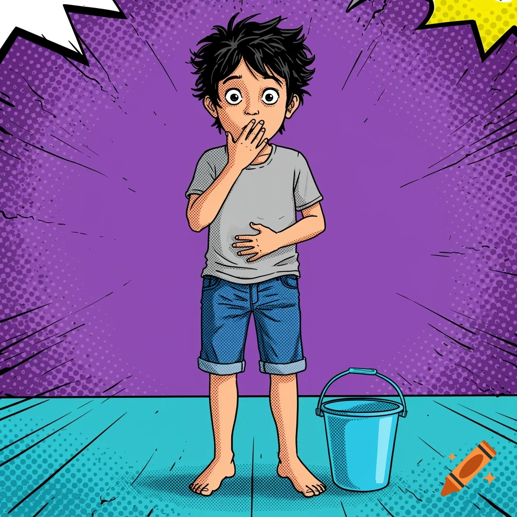 A wide-eyed boy with disheveled hair, clutching his mouth and stomach, stands next to a blue bucket in a pop art comic style.