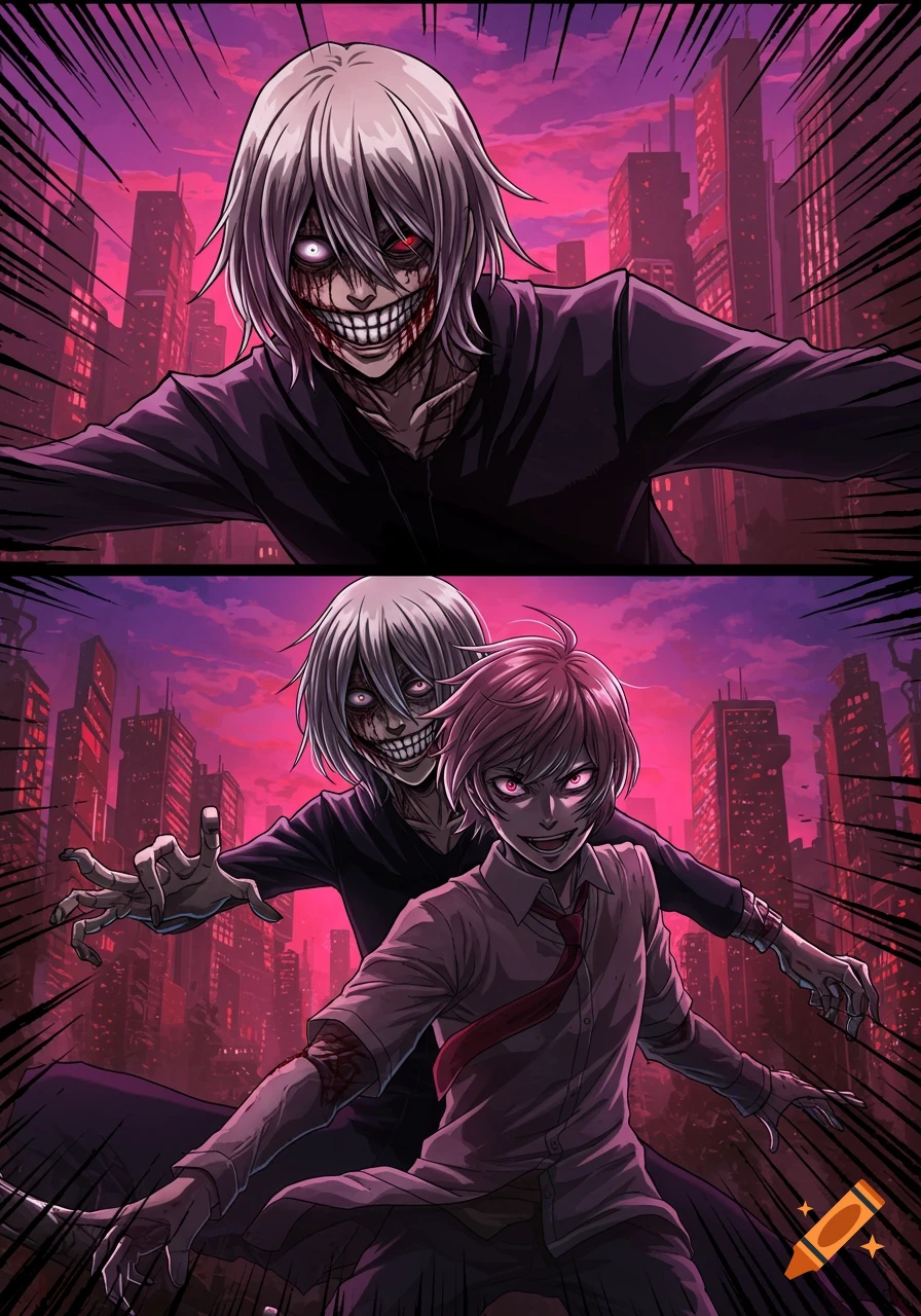 Two anime characters with menacing expressions in front of a red-lit city skyline. One has a wide, scarred smile.