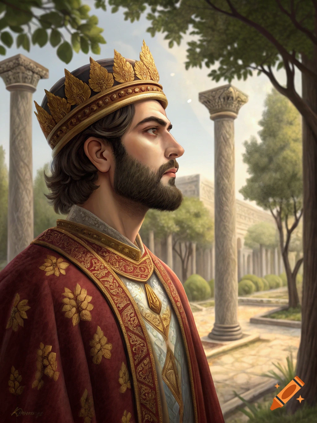 A regal portrait of a bearded man wearing a golden crown and richly decorated red robe in an ancient Persian palace courtyard.
