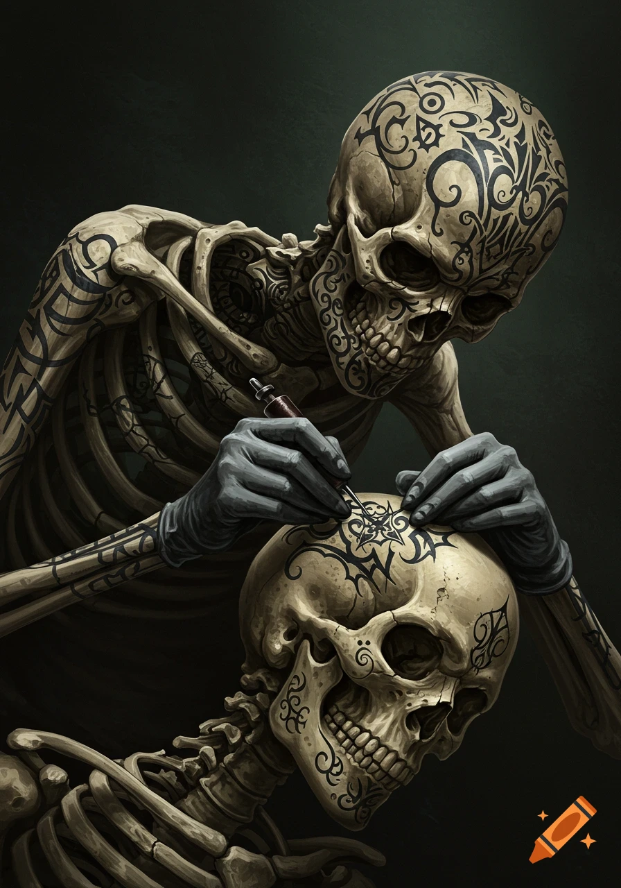 A skeletal figure wearing gloves tattoos tribal patterns onto the skull of another skeleton in a dark, illustrative style.