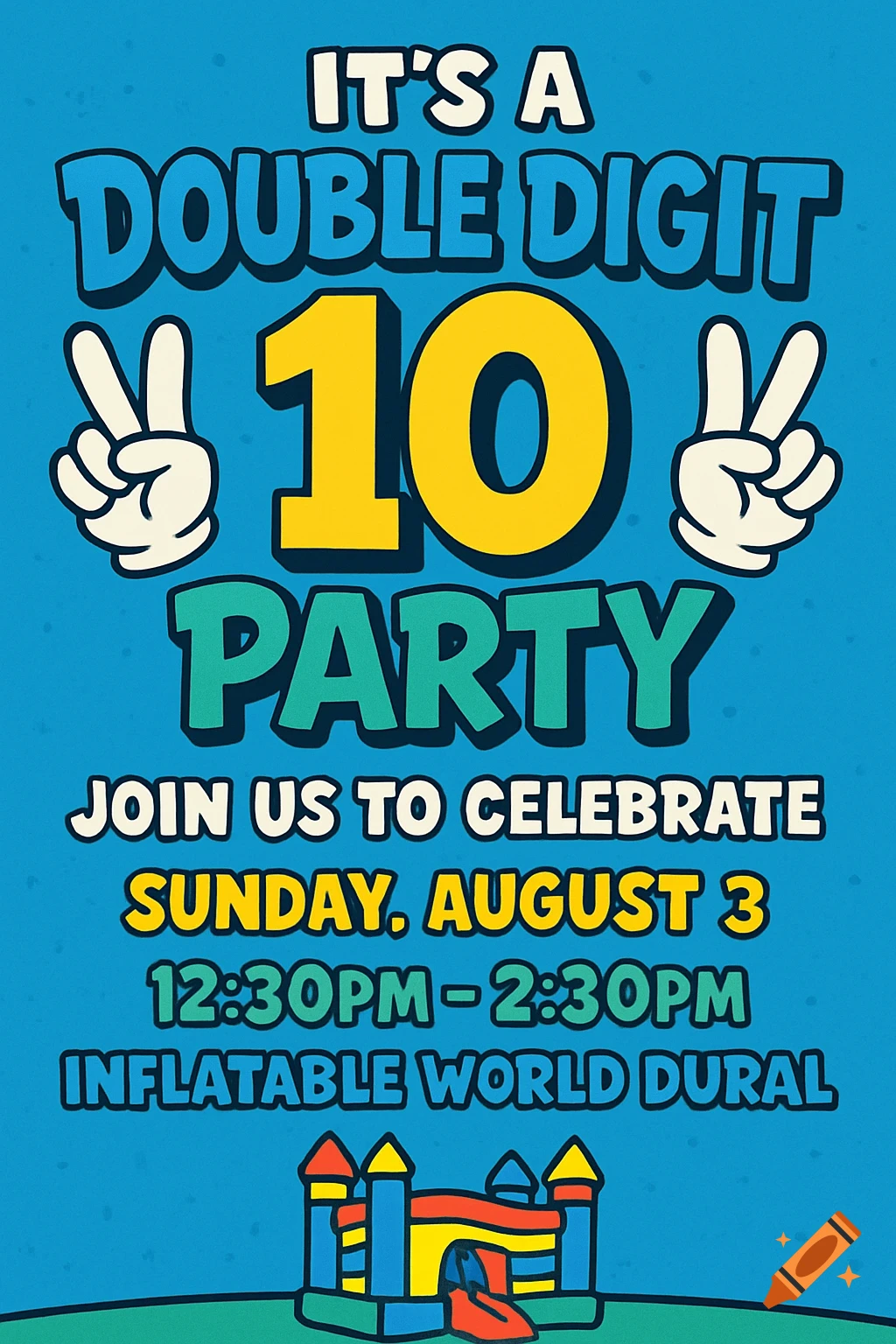 A colorful birthday party invitation for a 10-year-old, featuring a large '10', peace signs, party details, and a bouncy castle.