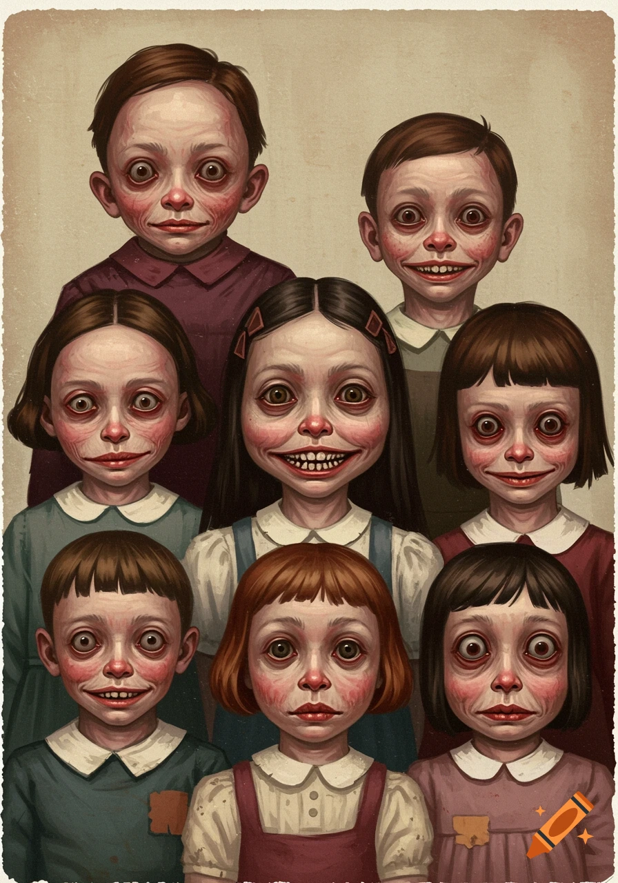 A vintage-style group portrait of seven creepy children with distorted faces and large, unsettling eyes, against a plain background.