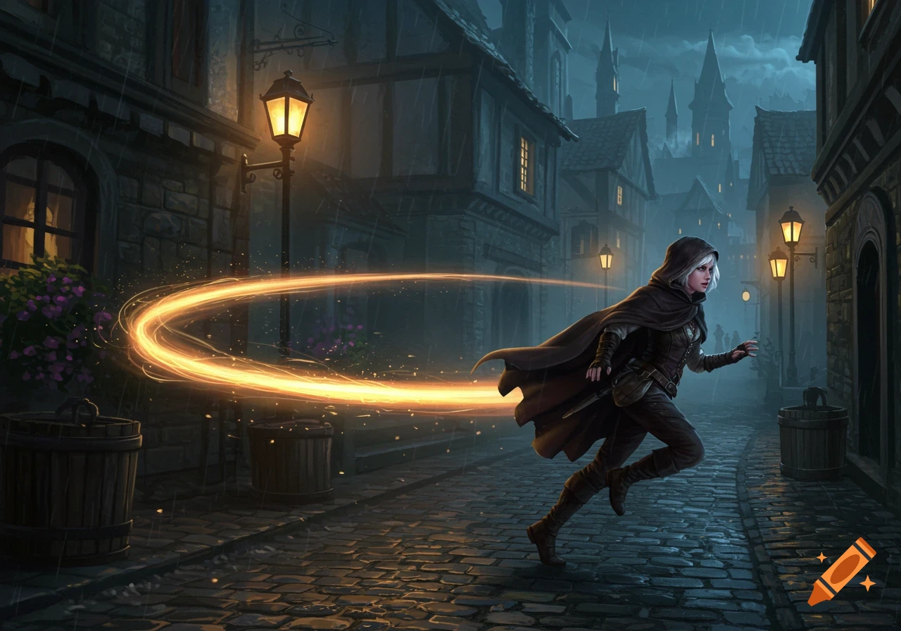 A female rogue with white hair and a dark cloak dashes through a rainy medieval city at night, leaving a glowing motion blur trail.