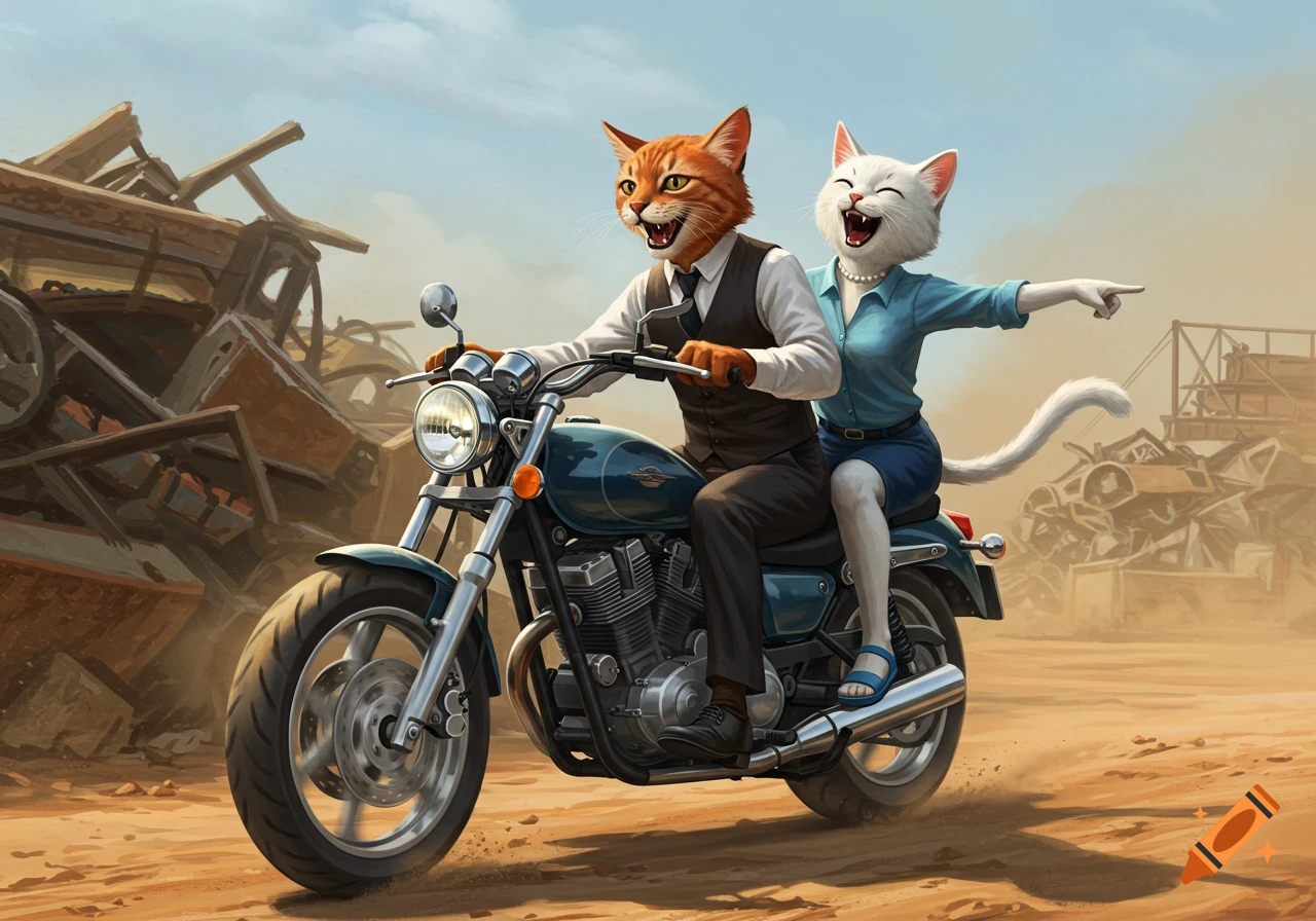 An anthropomorphic orange cat and a white cat joyfully ride a motorcycle through a dusty scrapyard, the white cat pointing.
