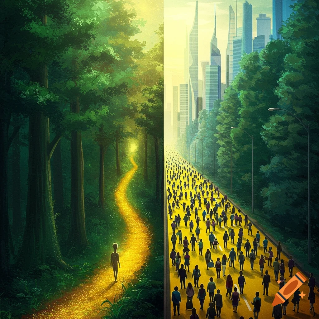 Stylized split image showing a lone figure on a glowing forest path on the left and a crowded city road with skyscrapers on the right.