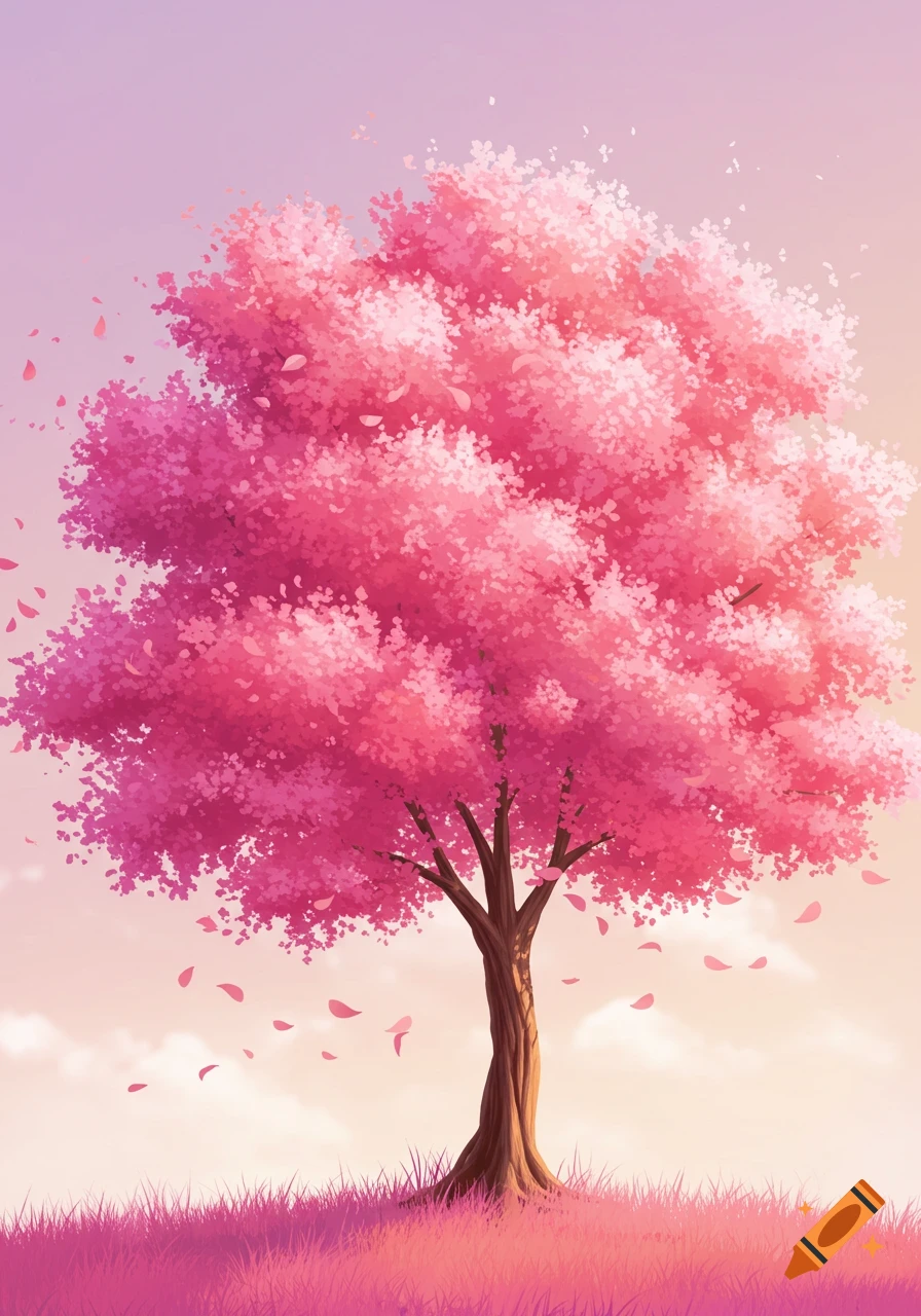 A vibrant pink cherry blossom tree stands on a grassy hill, with pink petals falling against a soft, gradient sky.