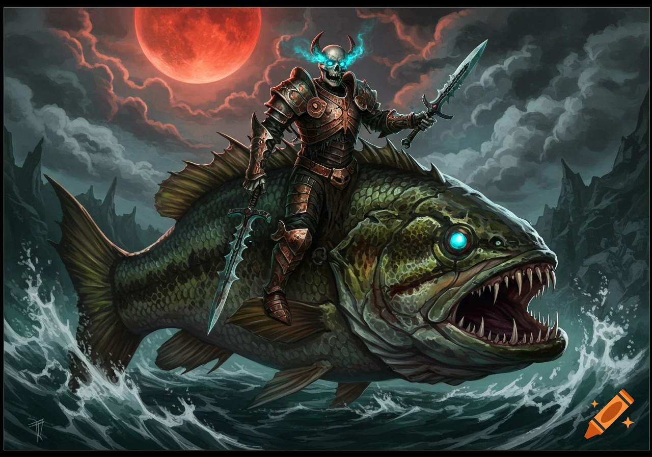 Skeletal warrior with glowing eyes rides a monstrous, toothy bass through choppy waters under a blood-red moon in dark fantasy.