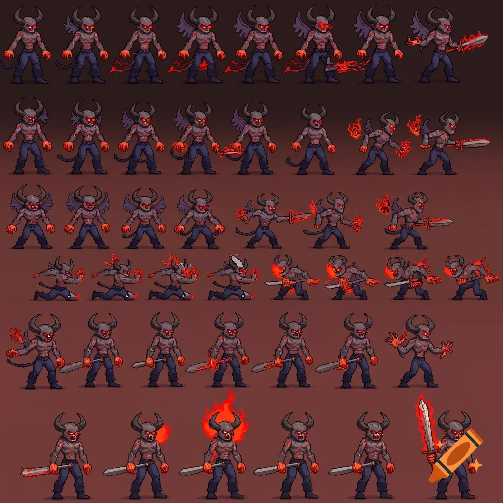 A detailed pixel art sprite sheet depicting a demon character in various poses and actions, suitable for a game.