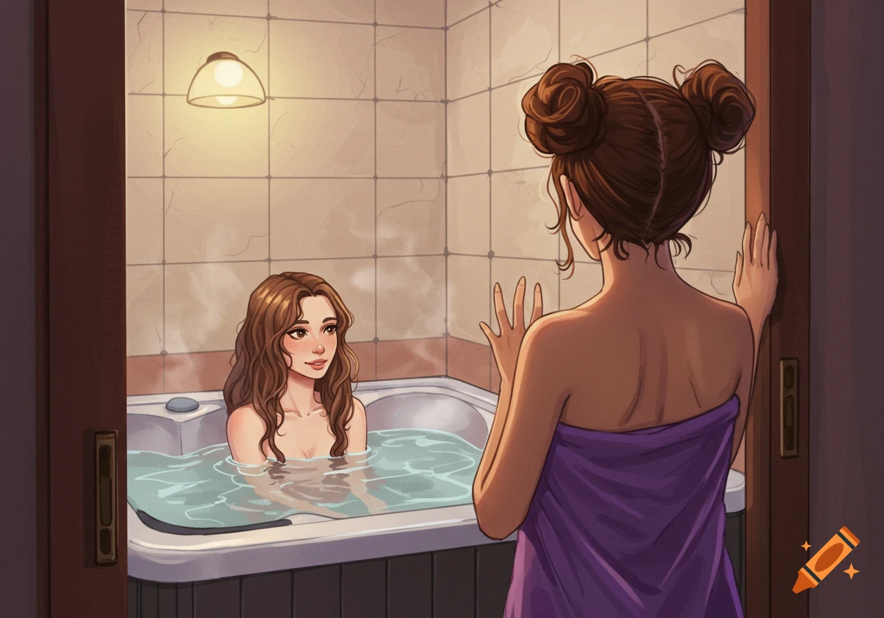 A young woman in a hot tub looks at her friend wrapped in a purple towel, standing by the doorway. Illustrated style.