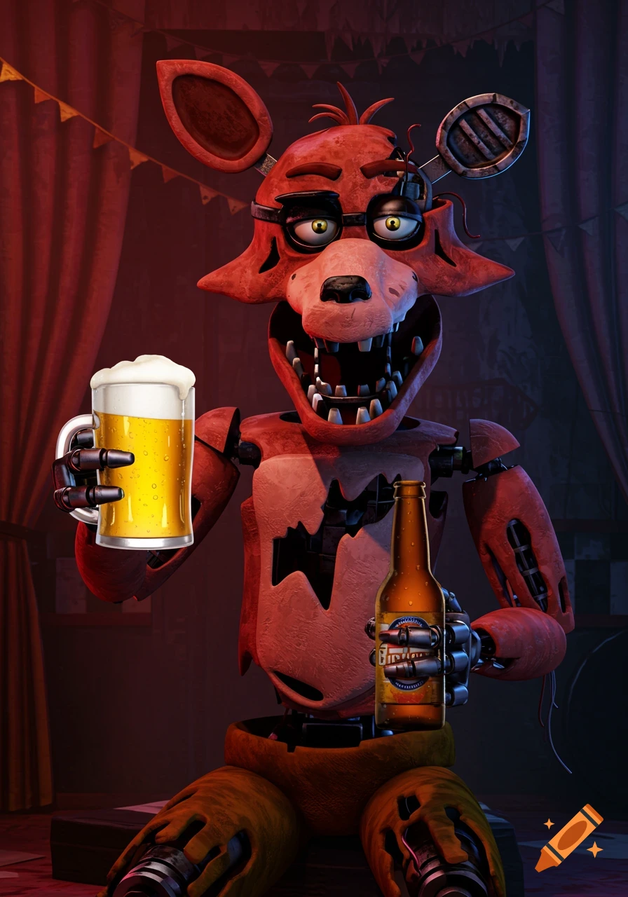Withered Foxy, a red animatronic fox, smiles while holding a mug of beer and a beer bottle.